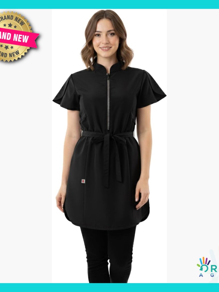 Long Scrub Tunic Rhinestone Half Zipper Water Resistant Adjustable Tie Belt